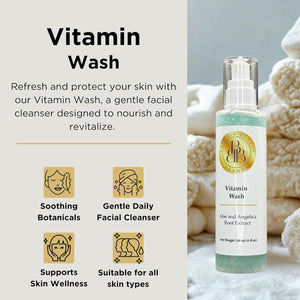 Vitamin Wash - Gentle facial Cleanser with Vitamin E and Aloe - Paraben free, Gluten Free, Vegan - 140 ml / 5 fl oz
