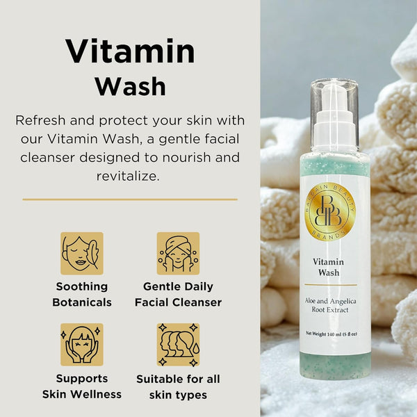 Vitamin Wash - Gentle facial Cleanser with Vitamin E and Aloe - Paraben free, Gluten Free, Vegan - 140 ml / 5 fl oz